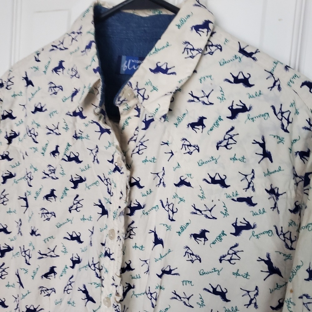 Vtg Wrangler Blues Long Sleeve Button Up Shirt White Blue Green Horse Print Med